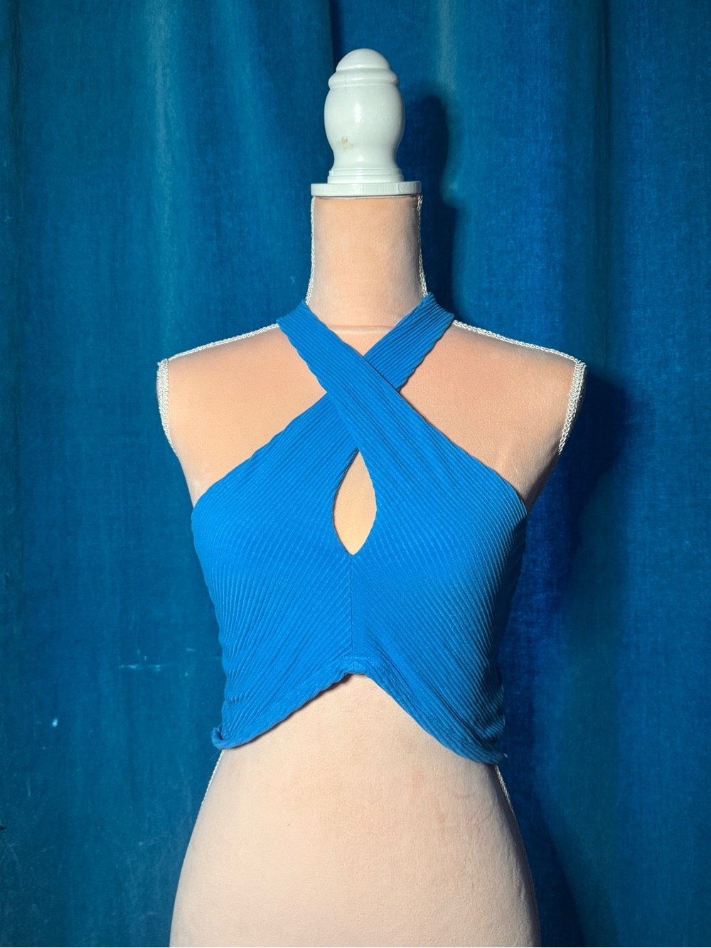Blue Crisscross Halter Crop Top